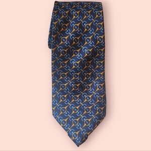 Barneys New York Blue and Gold Horse Bit Silk Patterned Neck Tie